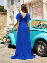 Royal Blue Floral Applique Slit Ruffle Sleeve Party Dress